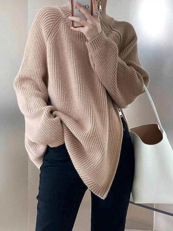 flowersverse Split-Joint Split-Side Zipper Long Sleeves Loose High Neck Sweater Tops