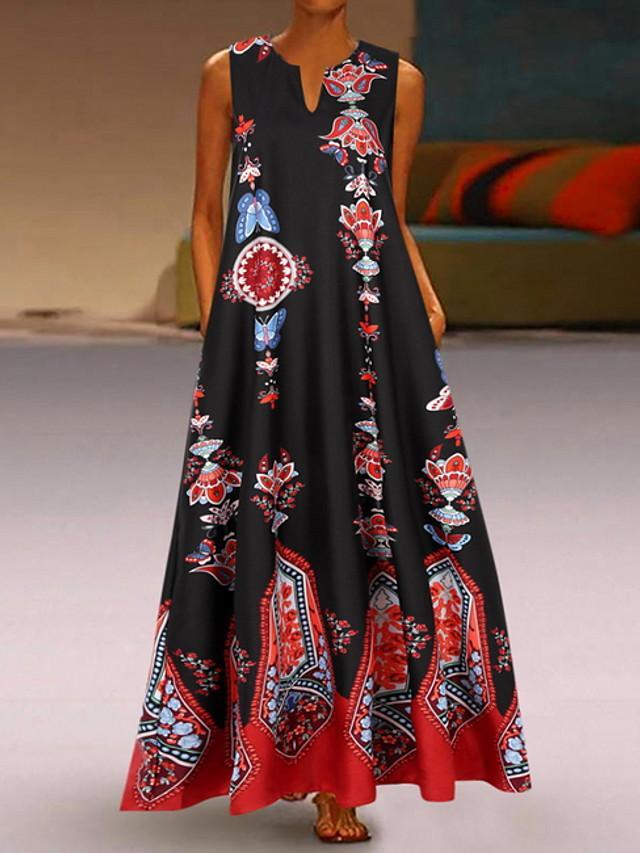flowersverse Women's A-Line Dress Maxi Long Dress - Sleeveless Pocket Print Spring & Summer V Neck Hot Casual Boho Holiday White Black Blue Yellow Light Blue White Dresses