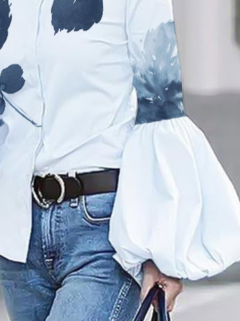 flowersverse Long Sleeves Loose Buttoned Leaves Print High-Neck Blouses&Shirts Tops