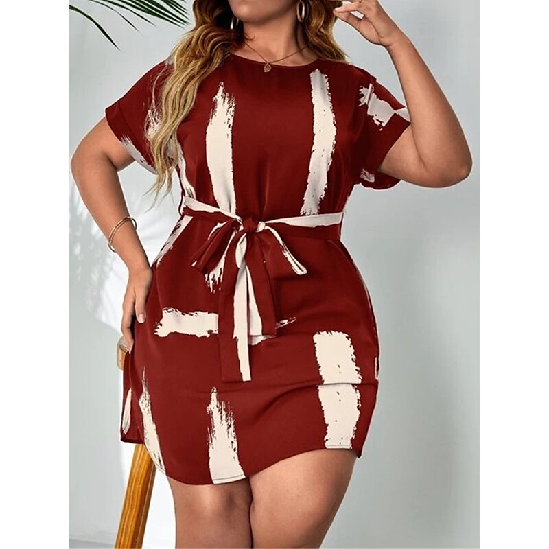 flowersverse Women's Plus Size Casual Dress Color Block Midi Dress Short Sleeve Lace up Print Crew Neck Fashion Outdoor Wine Summer Spring L XL XXL 3XL 4XL