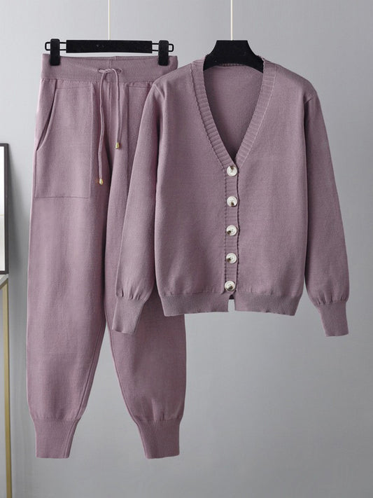 flowersverse Casual Loose Solid Color V-Neck Cardigan Tops & Harem Pants Two Pieces Set