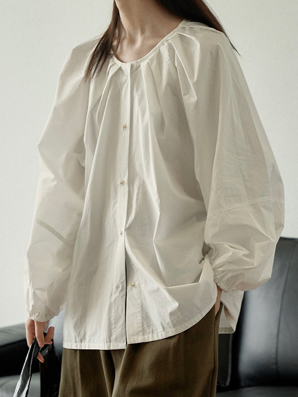 flowersverse Buttoned Elasticity Pleated Solid Color Bishop Sleeve Long Sleeves Round-Neck Blouses&Shirts Tops