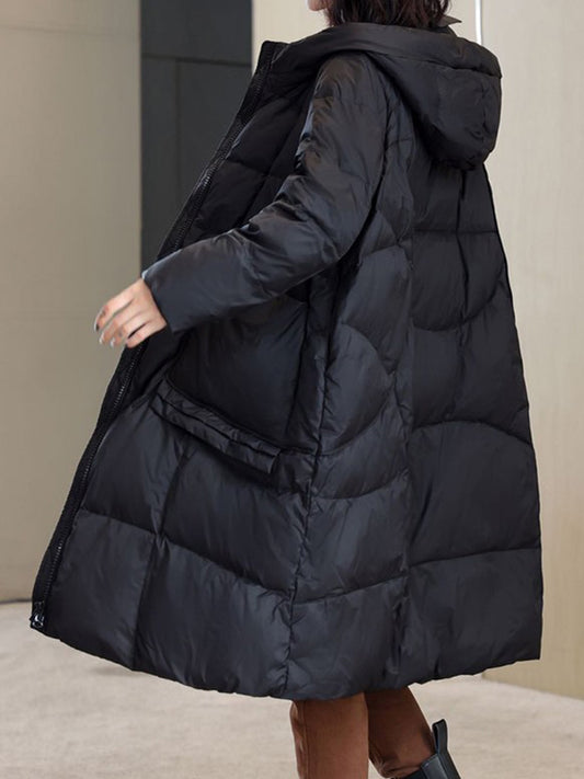 flowersverse Pockets Solid Color Split-Joint Long Sleeves Loose Hooded Down Coat