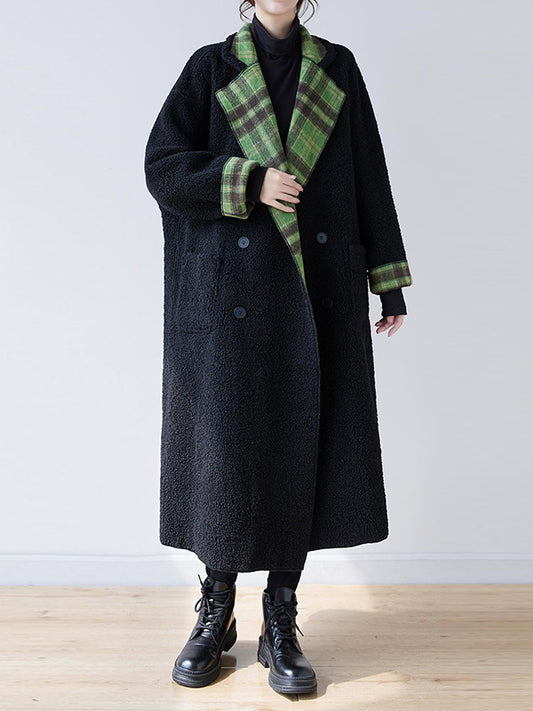flowersverse Buttoned Plaid Pockets Reversible Long Sleeves Loose Notched Collar Woolen Coat Outerwear