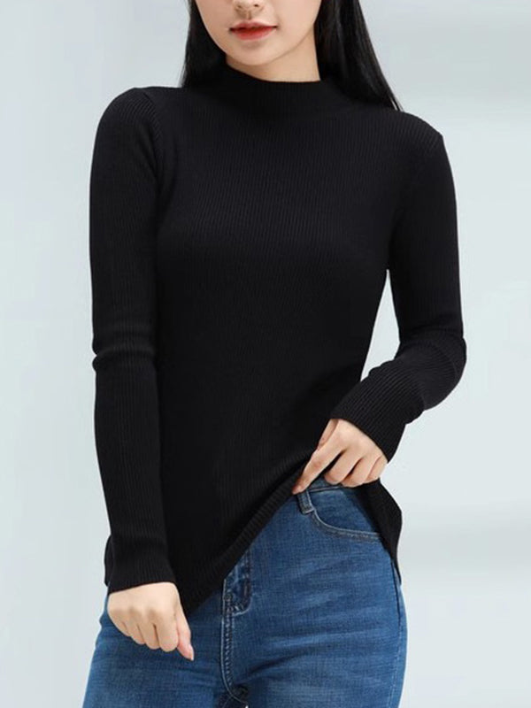 flowersverse Solid Color Long Sleeves Skinny Mock Neck Sweater Tops Pullovers Knitwear