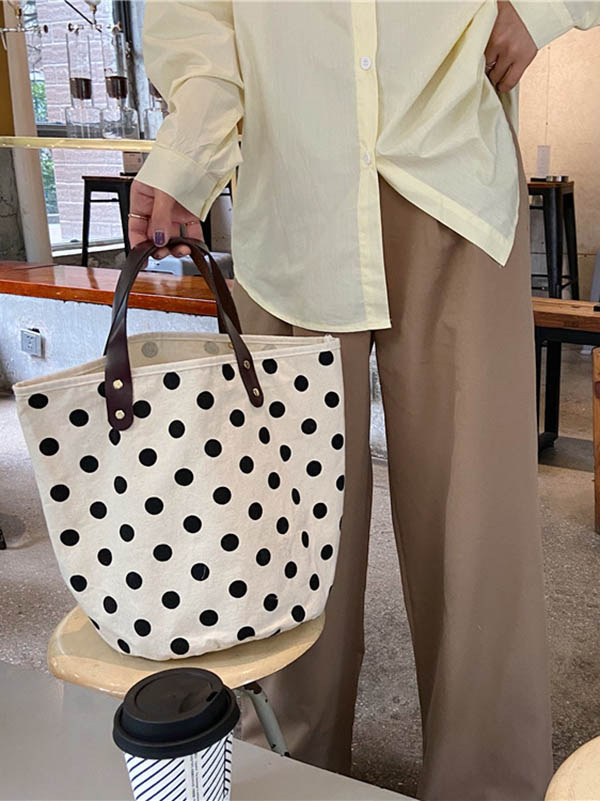 flowersverse Vintage Canvas Polka-Dot Printed Makeup Tote Bag Bucket Bag