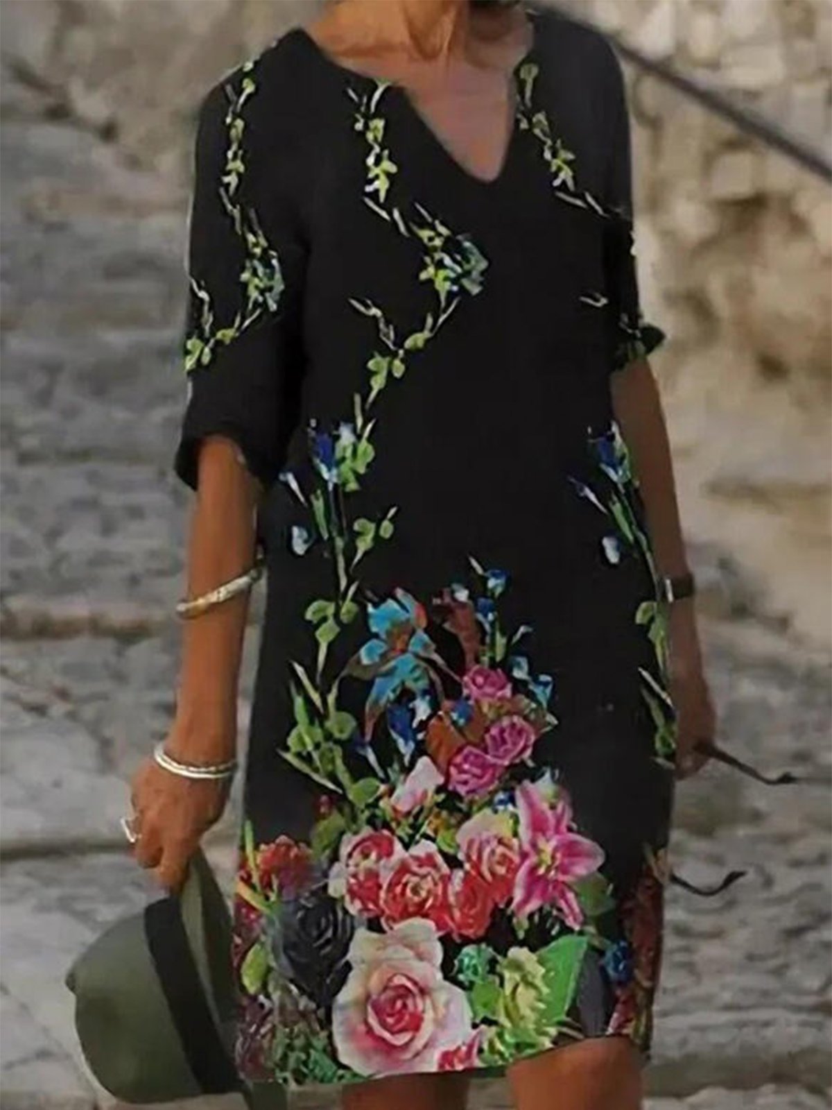 flowersverse Vintage Floral Printed V Neck Half Sleeve Plus Size Casual Weaving Dress