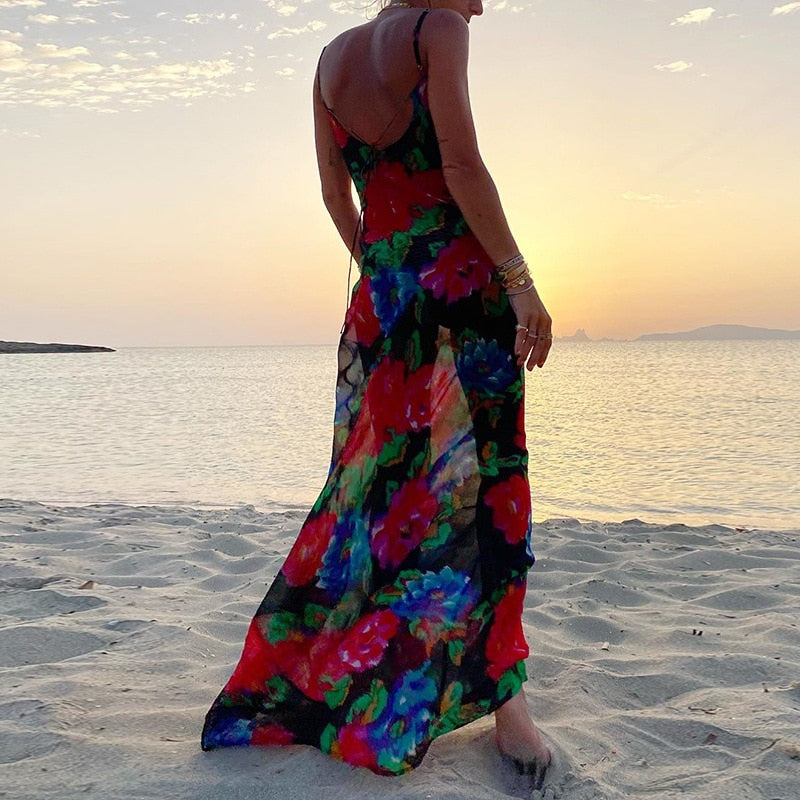 flowersverse Graduation Party dress Fashionkova Spaghetti Strap Women's Slip Dress Floral Print Sexy Backless Maxi Dresses Party Club Beach Long Dress Fall