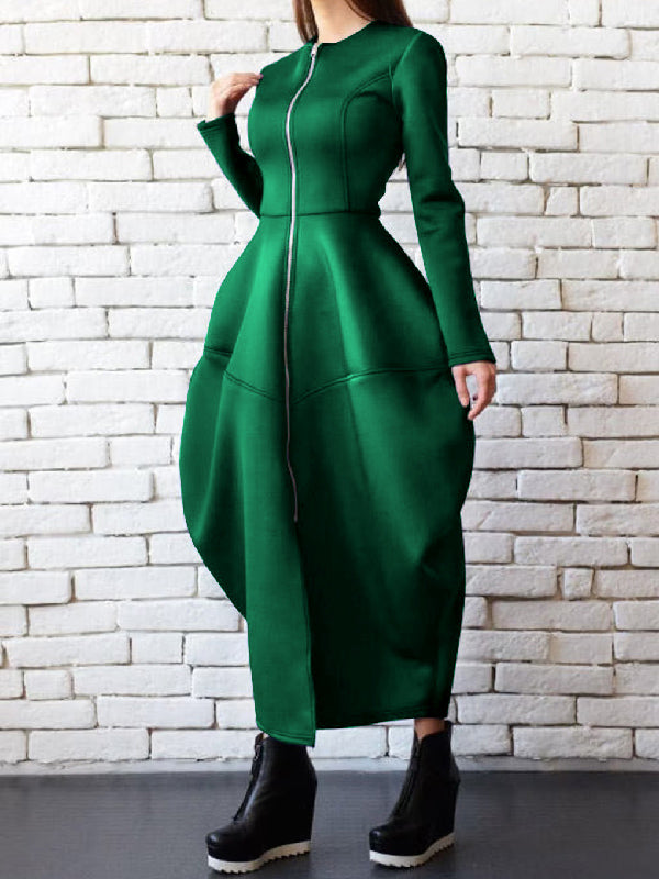 flowersverse Split-Joint Zipper Round-Neck Maxi Dress Coat Bubble Dress