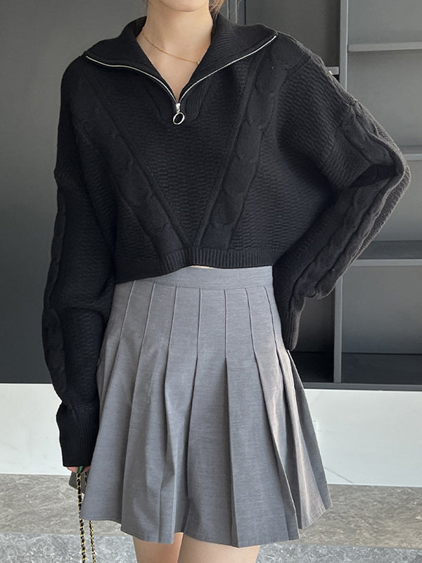 flowersverse Simple Batwing Sleeves Long Sleeves Jacquard Solid Color Lapel Collar Sweater Tops