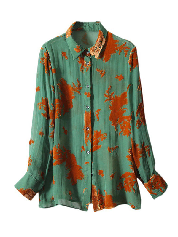 flowersverse Printed See-Through Long Sleeves Lapel Blouses&shirts Tops