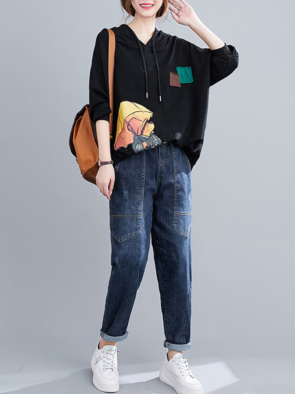 flowersverse Original Cartoon Printed Drawstring Hoodies