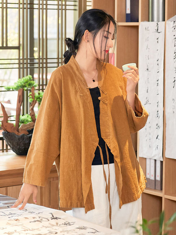 flowersverse Vintage Long Sleeves Loose Buttoned Tied Solid Color V-Neck Outerwear