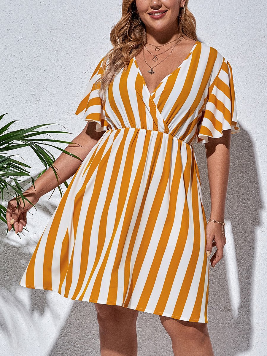 flowersverse Holiday Short Sleeve V Neck A-line Weaving Dress