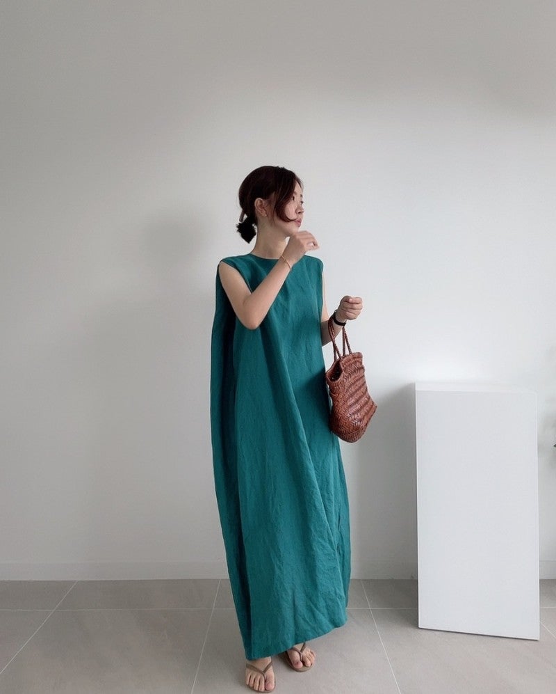 flowersverse Loose Cotton Vest Dress New Round Neck Sleeveless Long Dress Linen