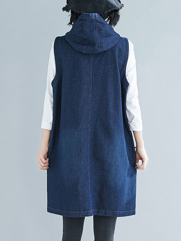 flowersverse Casual Zipper Sleeveless Denim Vest Hooded Outerwear