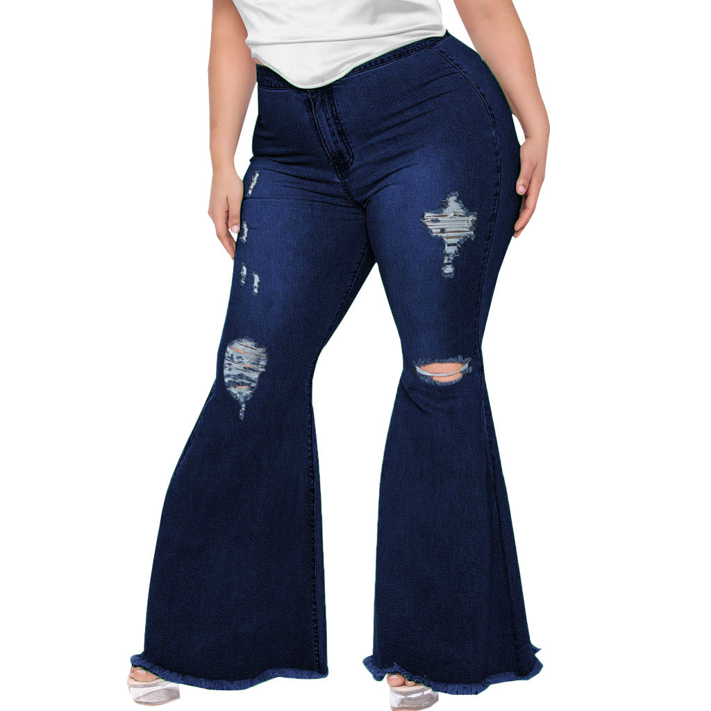 flowersverse Trendy Slim Wide Leg Ripped Plus Size Bell Bottom Denim Pants
