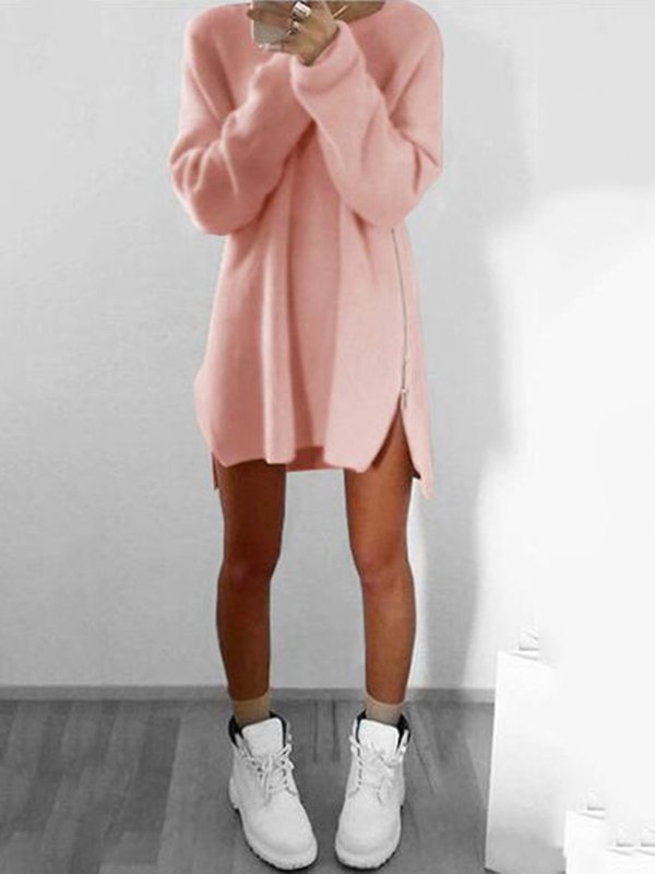 flowersverse Women Fluffy Zipper Long Sleeve Casual Plus Size Sweater Dress