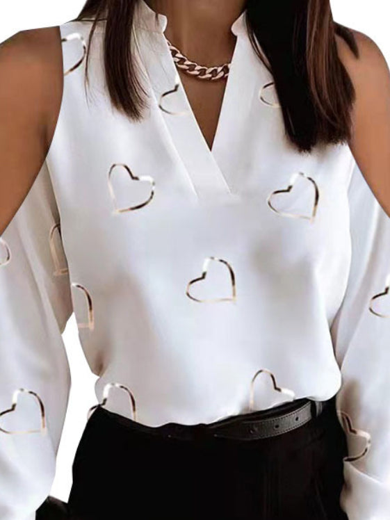 flowersverse Original Loving Heart Printed Loose Long Sleeves Hollow V-Neck Blouses&Shirts Tops