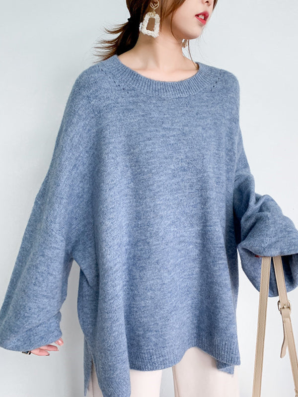 flowersverse Stretch Mohair-Blend Balloon Sleeves Loose Solid Round-Neck Sweater Tops