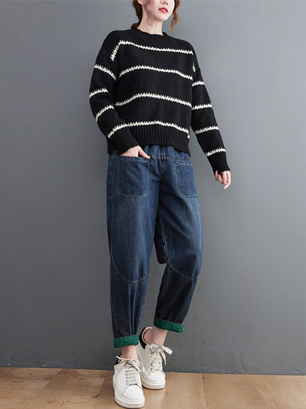 flowersverse Casual Loose Long Sleeves Striped Round-Neck Sweater Tops