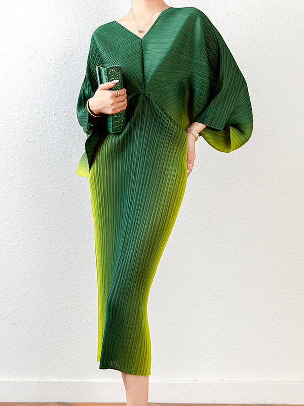 flowersverse Fashion Loose Batwing Sleeves Gradient Pleated Midi Dress