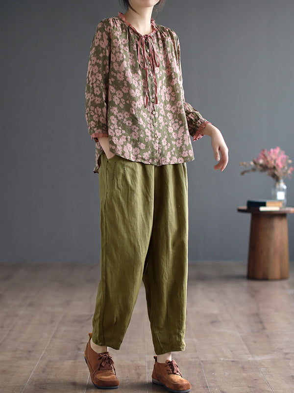 flowersverse Floral Printed Lace-Up Long Sleeves Loose Round-Neck Blouses&Shirts Tops