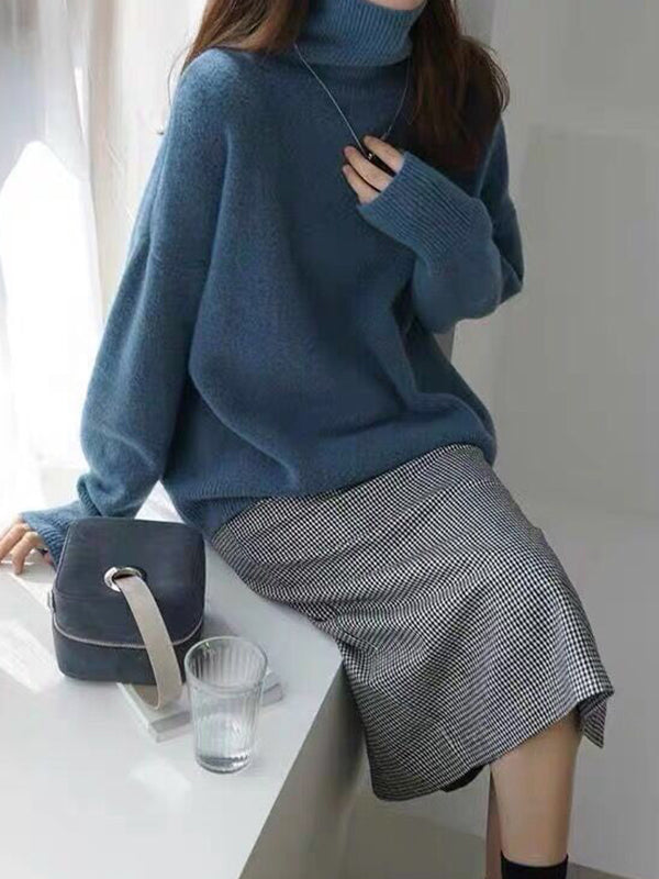 flowersverse Casual Loose Long Sleeves Solid Color High-Neck Sweater Tops