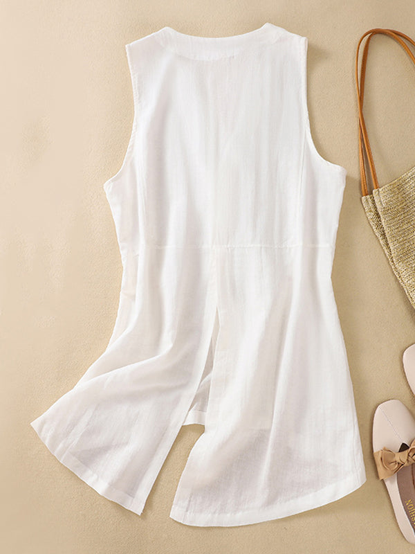 flowersverse Buttoned Solid Color Loose Sleeveless V-neck Vest Top
