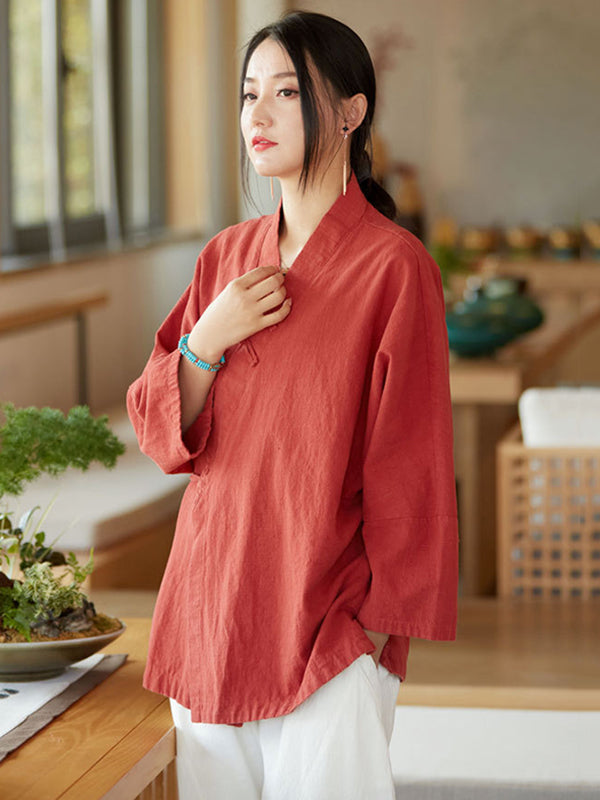 flowersverse Vintage Long Sleeves Loose Buttoned Tied Solid Color V-Neck Outerwear