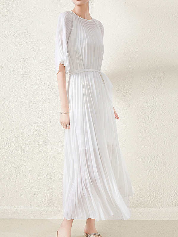 flowersverse Loose Pleated With Waistband Solid Color Round-Neck Maxi Dresses