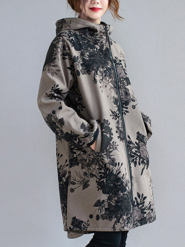 flowersverse Artistic Retro Loose Floral Printed Hooded Long Sleeves Outwear
