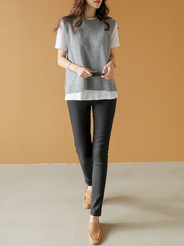 flowersverse Simple Sleeveless Loose Buttoned Solid Color Round-Neck Sweater Vest Outerwear