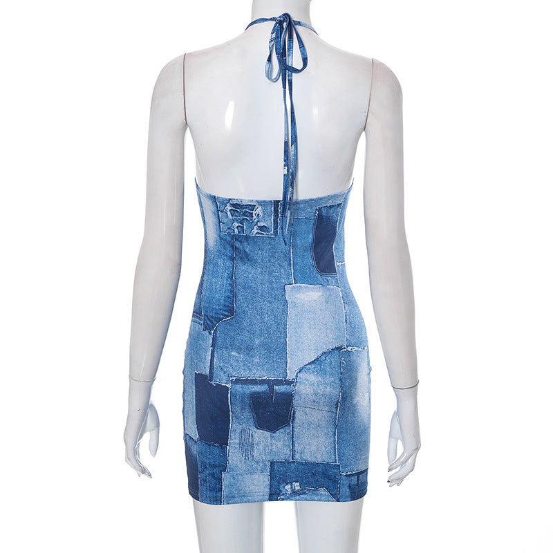 flowersverse Women Summer Casual Sleeveless Halter Neck Lace-Up Denim Print Backless Dress