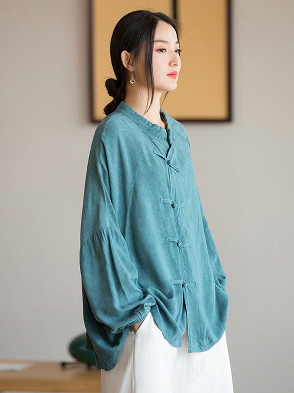 flowersverse Artistic Retro Loose Long Sleeves Buttoned Solid Color Stand Collar Blouses&Shirts Tops