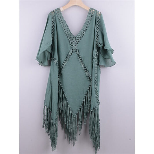 flowersverse Women's Cover Up Beach Dress Beach Wear Mini Dress Tassel Fringe Hollow Out Hot Casual Solid Color Deep V Short Sleeve Slim Vacation Going out Black Blue Fall One Size