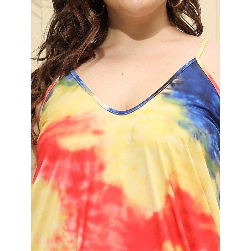 flowersverse Women's Plus Size Casual Dress Shift Dress Slip Dress Leaf Tie Dye Long Dress Maxi Dress Sleeveless Pocket Print Strap Fashion Daily Light Yellow White Spring Summer XL XXL 3XL