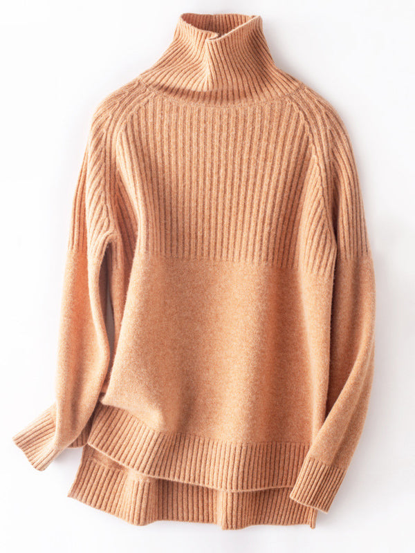 flowersverse Casual Long Sleeves Loose Solid Color High-Neck Sweater Tops