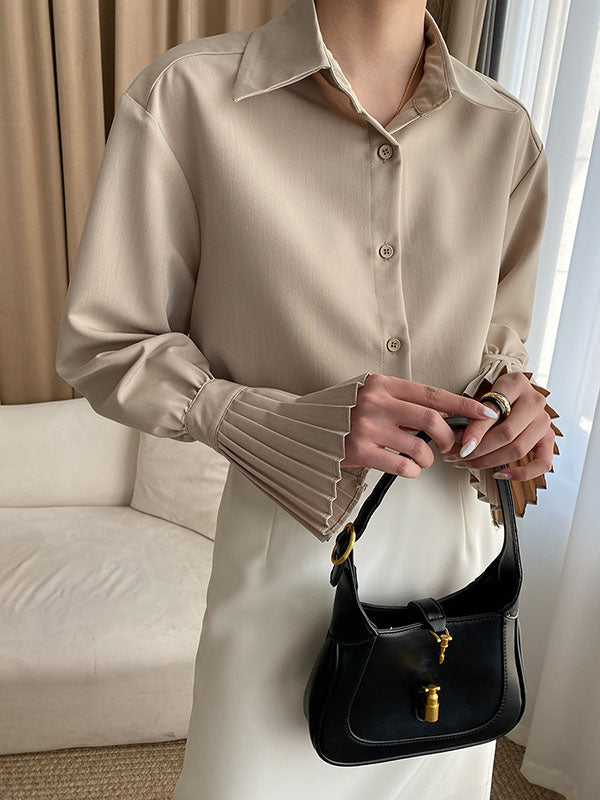flowersverse Solid Color Flared Sleeves Lapel Blouses&Shirts Tops