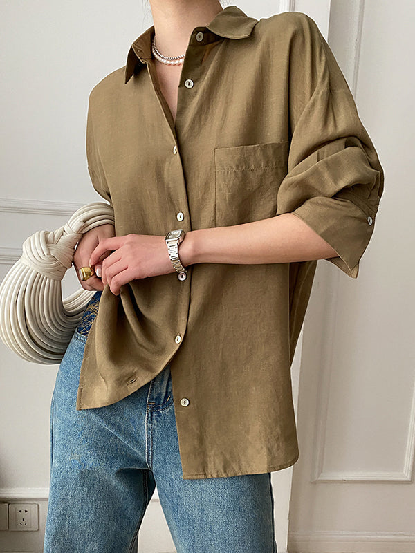 flowersverse Solid Color Lapel Blouses&Shirts Tops