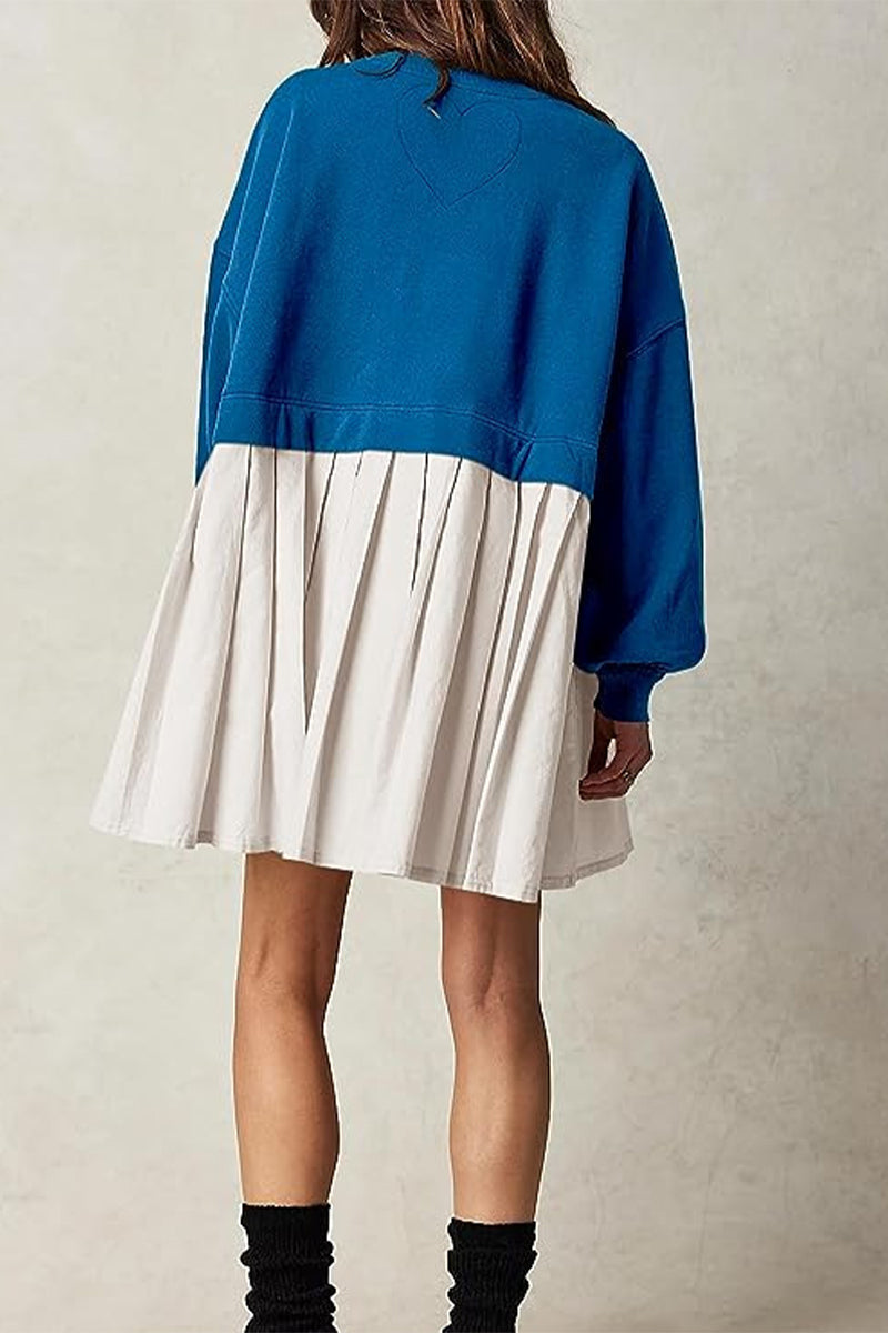 flowersverse Casual Solid Patchwork Contrast O Neck Pleated Dresses(6 Colors)