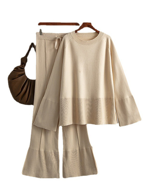 flowersverse Casual Long Sleeves Loose Solid Color Round-Neck Sweater Tops & Wide Leg Pants Two Pieces Set