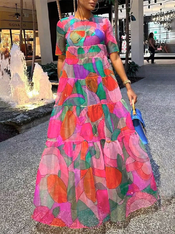 flowersverse Loose Short Sleeves Contrast Color Printed Round-Neck Maxi Dresses