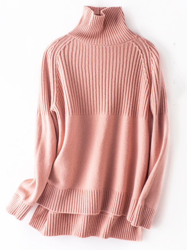 flowersverse Casual Long Sleeves Loose Solid Color High-Neck Sweater Tops