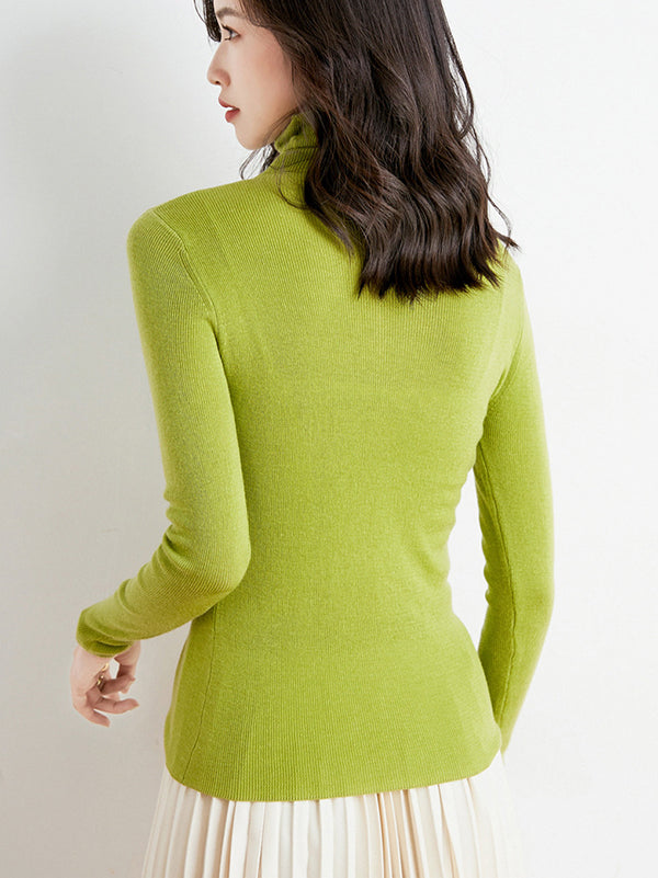 flowersverse Simple Skinny Long Sleeves Solid Color High-Neck Sweater Tops Pullovers