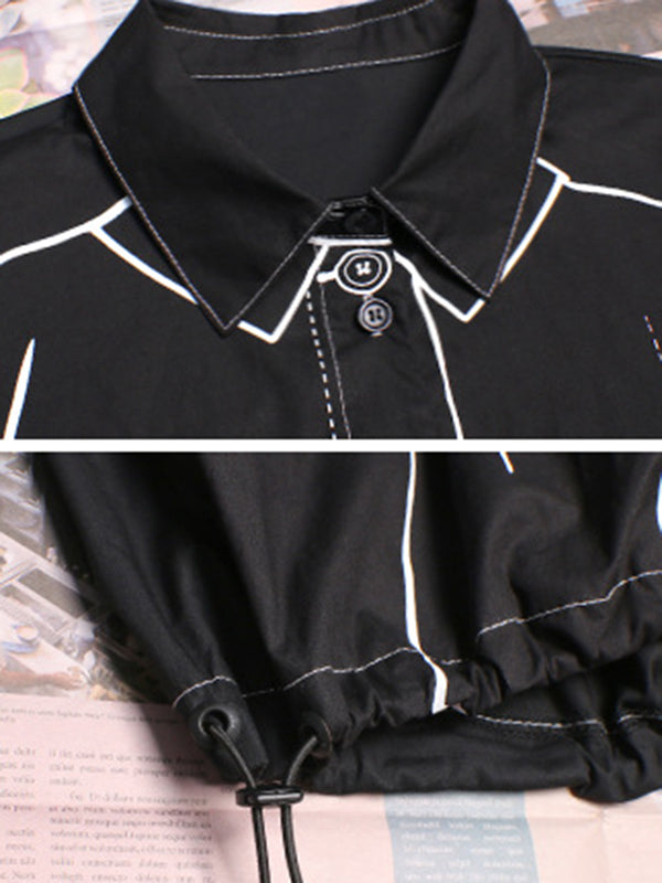 flowersverse Casual Contrast Color Printed Drawstring Blouse Top