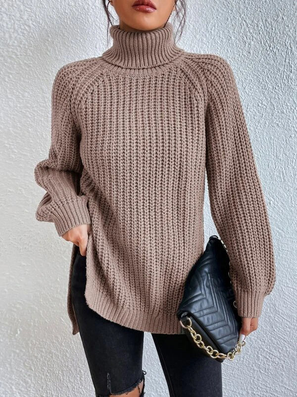 flowersverse Solid Color Split-side Long Sleeves Loose High Neck Sweater Tops Pullovers