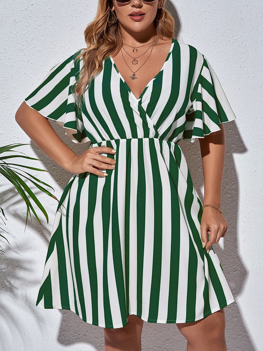 flowersverse Holiday Short Sleeve V Neck A-line Weaving Dress