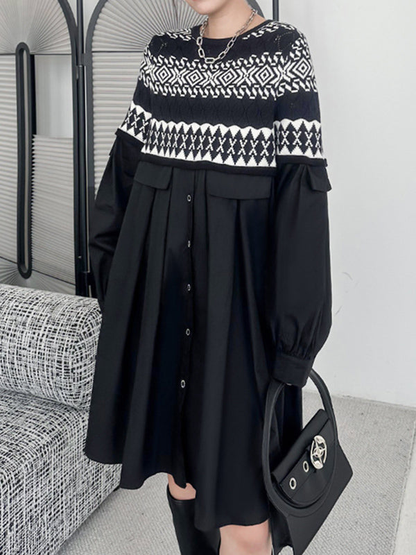 flowersverse Buttoned Contrast Color Split-Joint A-Line Long Sleeves Round-Neck Mini Dresses