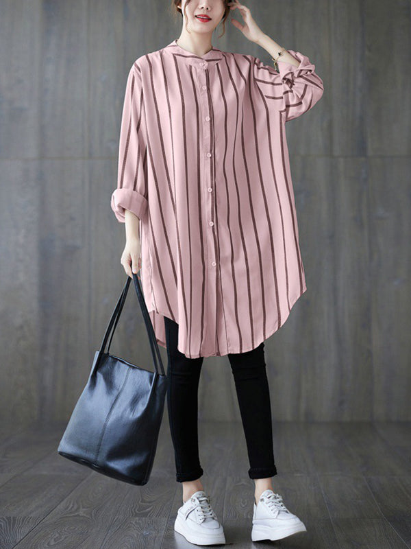 flowersverse Buttoned Striped Long Sleeves Loose Blouses&Shirts Tops